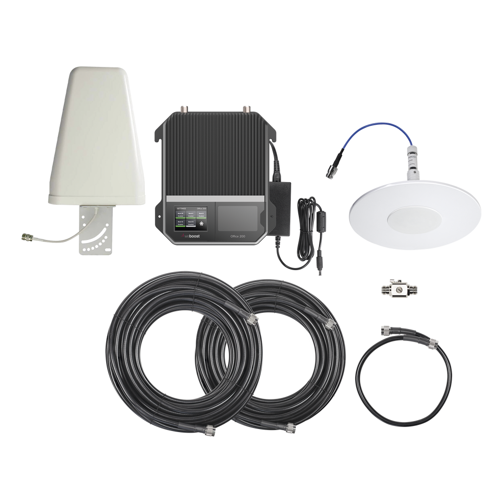 KIT Amplificador Office 200 4G LTE, 3G y VOZ con antena direccional. Especial para cubrir áreas de hasta 1600 Metros Cuadrados por ser de grado comercial e industrial. Soporta múltiples operadores, tecnologías y usuarios.