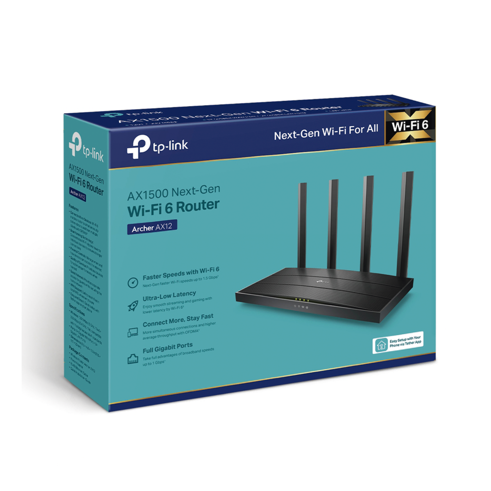 Router WiFi 6 AX 1500Mbps / MU-MIMO 2X2 y OFDMA / 1 Puerto WAN 10/100/1000 Mbps / 3 Puertos LAN 10/100/1000 Mbps / 4 Antenas / Conexión Inalámbrica OneMesh