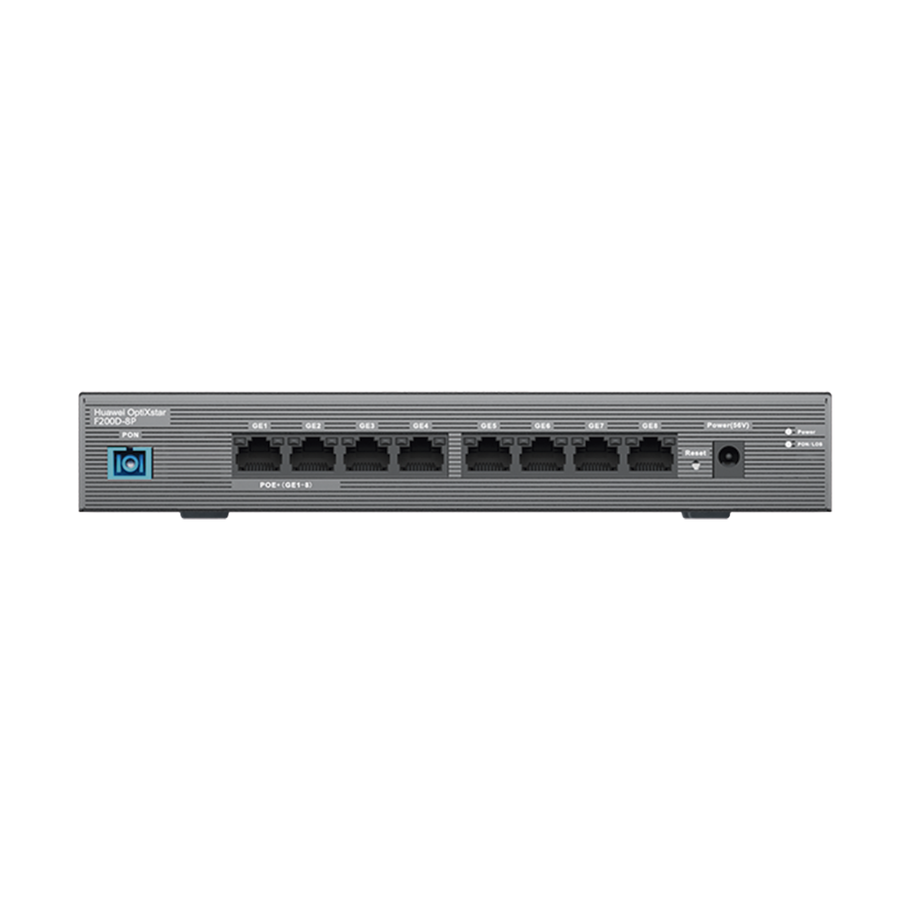 HUAWEI MiniFTTO - ONU PoE / 8 puertos 10/100/1000Mbps PoE + 1 PON (SC/UPC)/ Downstream 2.488 Gbps / Upstream 1.244 Gbps / modo puente / 120 W/ Administración Nube