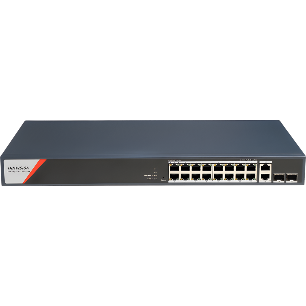Switch Gigabit PoE+ / Administrable / 16 Puertos 1000 Mbps PoE+ (4 Puertos PoE++ 90 W) / 2 Puertos 1000 Mbps de Uplink / 2 Puertos SFP / Configuración Nube Hik-PartnerPro / Modo Extendido hasta 300 Metros / 230 W