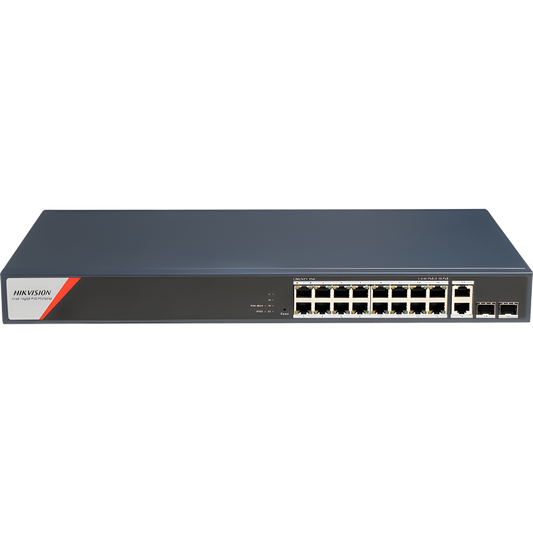 Switch Gigabit PoE+ / Administrable / 16 Puertos 1000 Mbps PoE+ (4 Puertos PoE++ 90 W) / 2 Puertos 1000 Mbps de Uplink / 2 Puertos SFP / Configuración Nube Hik-PartnerPro / Modo Extendido hasta 300 Metros / 230 W