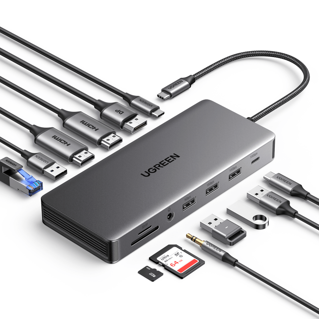 Docking Station USB-C 12 en 1 / 2 HDMI 4K@60Hz + DisplayPort 4K@60Hz / 6 Puertos USB (3.2 y 3.0) / Gigabit Ethernet / Lector SD/TF / Audio 3.5mm / PD 100W / Compatibilidad Multiplataforma