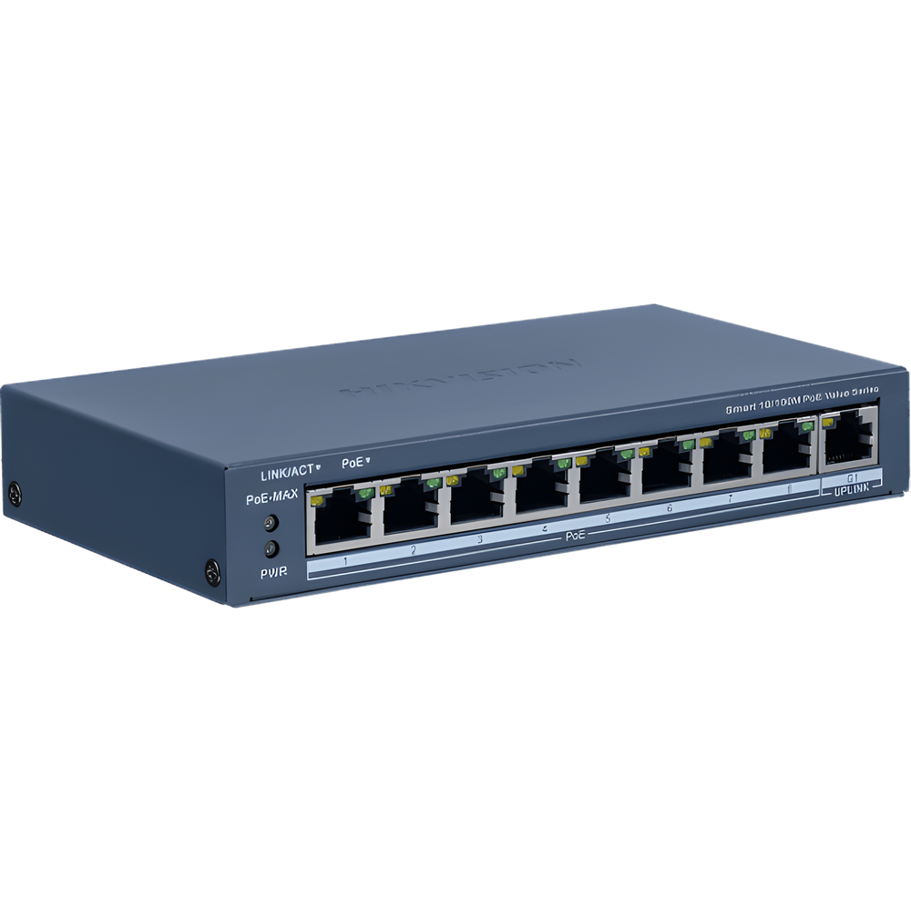Switch PoE+ / Monitoreable / 8 Puertos 10/100 Mbps PoE+ / 1 Puerto 1000 Mbps Uplink / Configuración Nube Hik-Partner Pro / Modo Extendido hasta 300 metros / 60 W