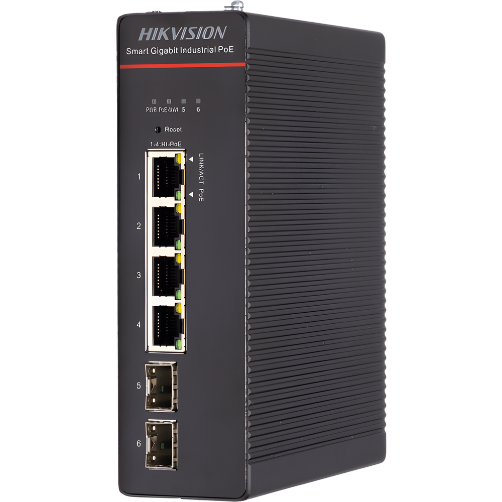 Switch Industrial / Administrable Gigabit / 4 Puertos Gigabit HiPoE (90 W) / 2 Puertos SFP / 300 W Total / 48 a 57 VCD / Ideal para Proyectos / 300 Metros de Distancia