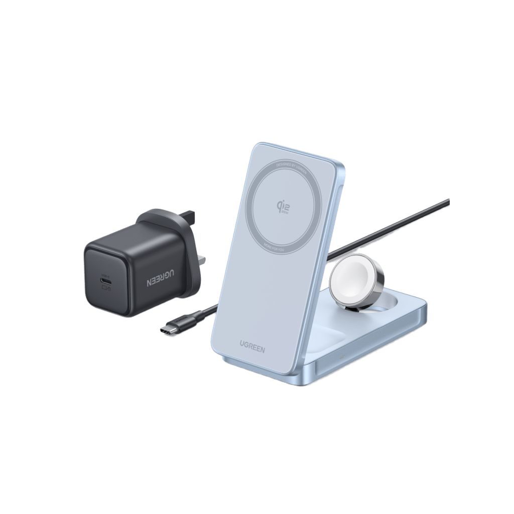 Cargador Inalámbrico Magnético 3-en-1 / Entrada 5V-12V / Salida 15W Máx / Carga Simultánea Teléfono-Reloj-Auriculares / Soporte Ajustable / Compatibilidad Qi
