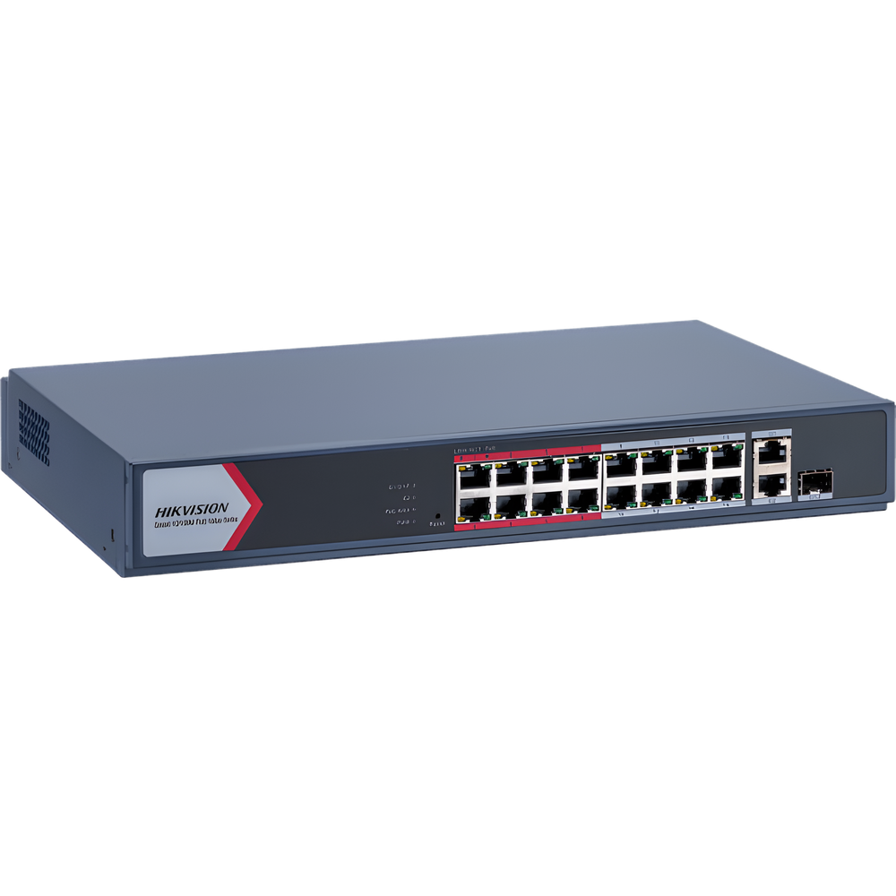 Switch PoE+ / Monitoreable / 16 Puertos 10/100 Mbps PoE+ / 2 Puertos 1000 Mbps Uplink / 1 Puerto SFP Uplink / Modo Extendido hasta 300 Metros / 130 W