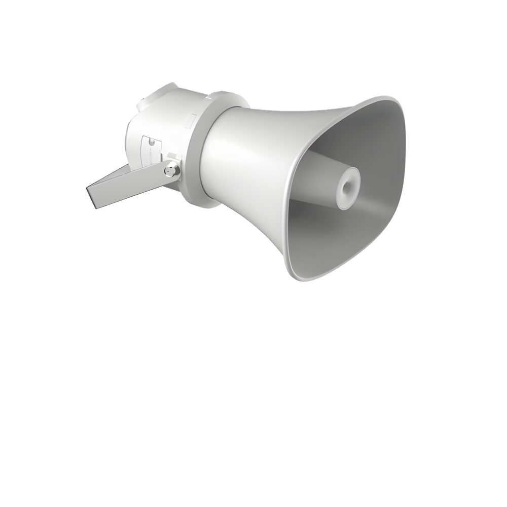 Bocina (Altavoz IP ) | Tipo Trompeta | 7 Watts | No requiere amplificador | PoE+ | Exterior IP67 | Metal | Voceo en tiempo real | Calendarización de audios | Síntesis de Voz (TTS) | Entrada de alarma