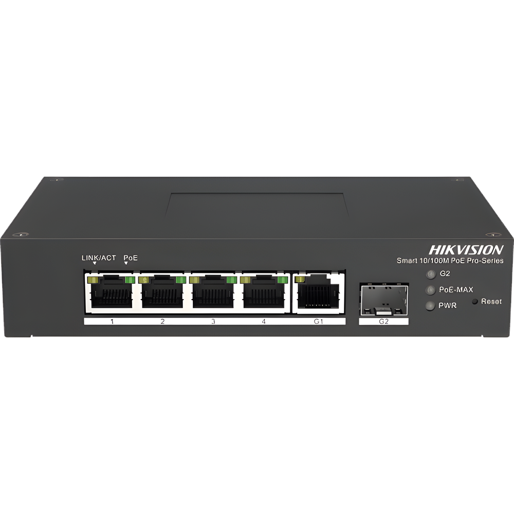 Switch PoE+ Industrial de Escritorio / Administrable / 4 Puertos 10/100 Mbps PoE+ / 1 Puerto 1000 Mbps Uplink / 1 Puertos SFP / Configuración Nube Hik-PartnerPro / Modo Extendido hasta 300 Metros / 60 Watts