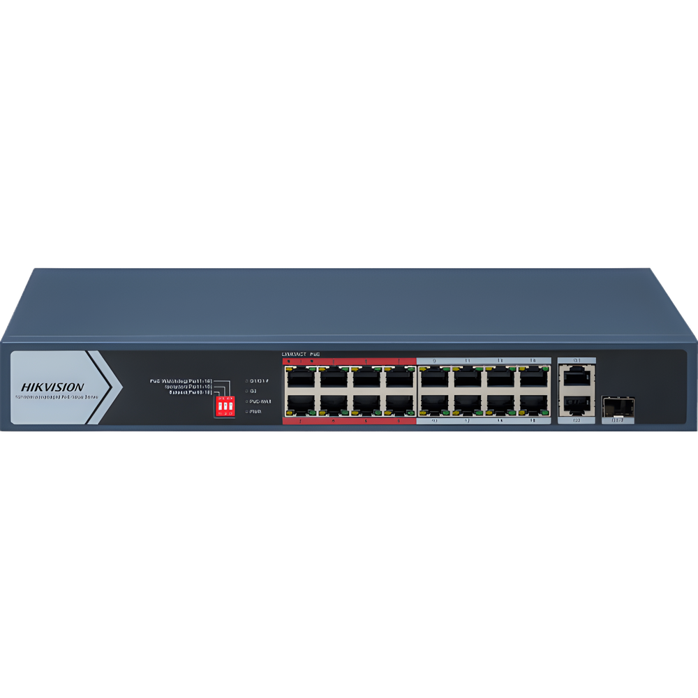 Switch PoE+ / No Administrable / 16 Puertos 10/100 Mbps PoE+ / 2 Puertos 1000 Mbps Uplink / 1 Puerto SFP Uplink / Modo Extendido hasta 300 Metros / 130 W