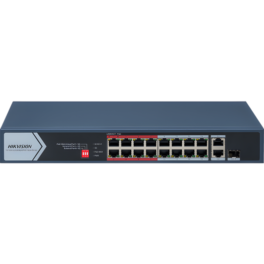 Switch PoE+ / No Administrable / 16 Puertos 10/100 Mbps PoE+ / 2 Puertos 1000 Mbps Uplink / 1 Puerto SFP Uplink / Modo Extendido hasta 300 Metros / 130 W
