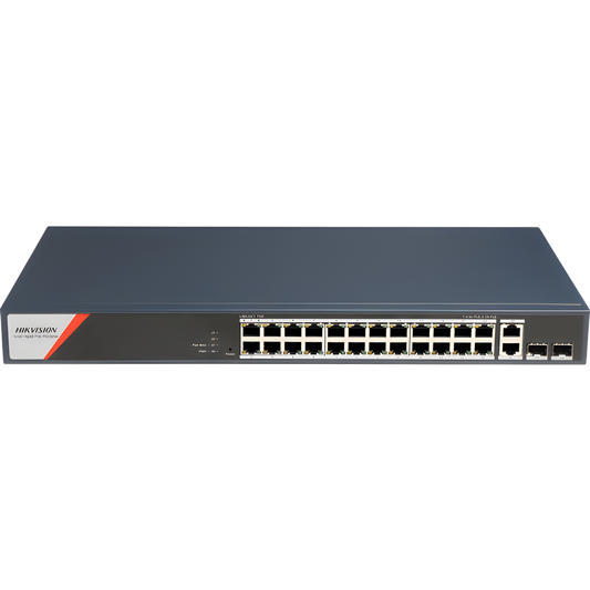 Switch Gigabit PoE+ / Industrial / Administrable / 24 Puertos 1000 Mbps PoE+ (4 Puertos PoE++ 90 W) / 2 Puertos 1000 Mbps de Uplink / 2 Puertos SFP / Configuración Nube Hik-PartnerPro / Modo Extendido hasta 300 Metros / 370 W