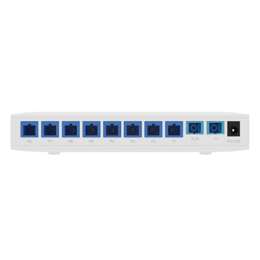 Splitter Activo 1x8 para Alimentación de 8 Dispositivos POF, 1 Puerto de cascadeo para continuidad, puertos SC/UPC