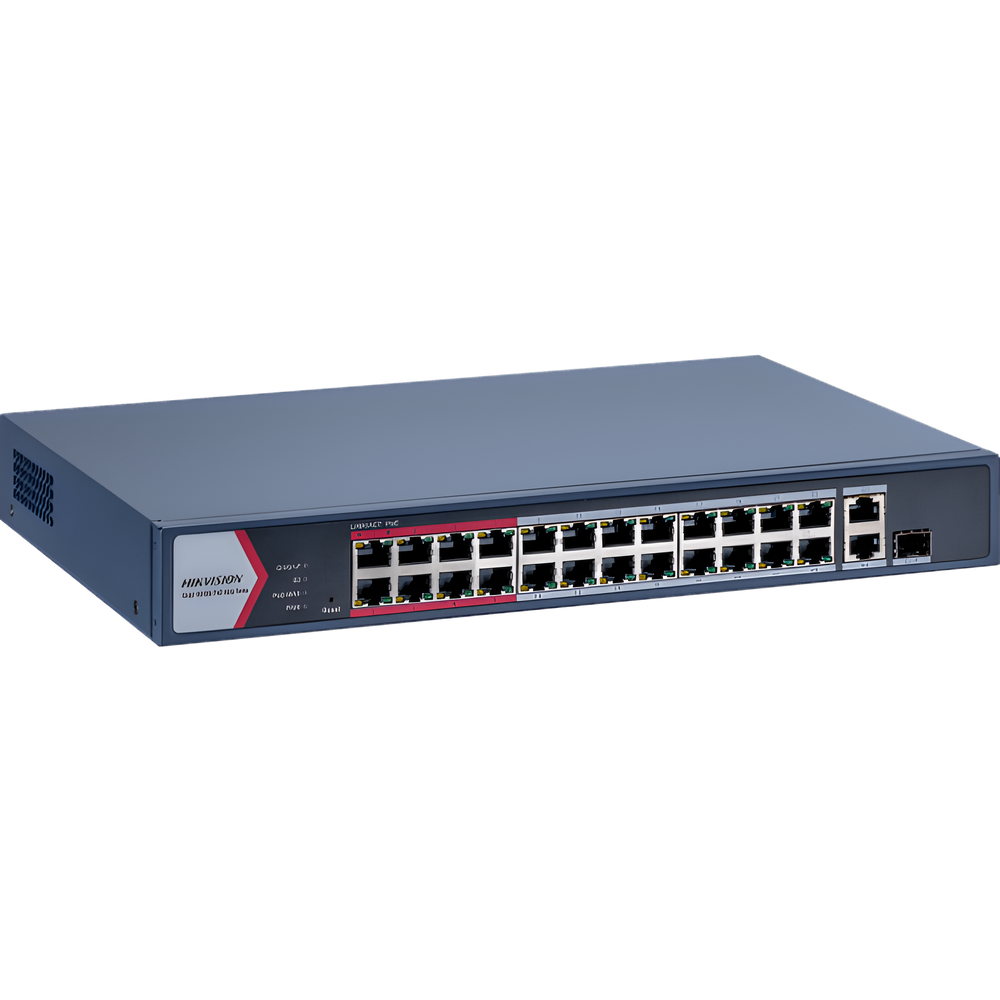 Switch Gigabit PoE+ / Monitoreable / 24 Puertos 1000 Mbps PoE+ / 1 Puerto 1000 Mbps de Uplink / 1 Puerto SFP / Configuración Nube desde Hik-PartnerPro / Modo Extendido hasta 300 Metros / 230 Watts