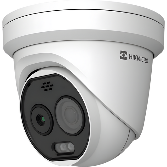 (HIKMICRO) Turret IP Bi-espectral (Térmica + Óptica) / Lente Térmico 2.1 mm (256 X 192) / Lente Óptico 2.2 mm (5 Megapixel) / Detección de Temperatura (-20°C a 650°C) / IA con GUANLAN / Dual Light (30 mts IR + 30