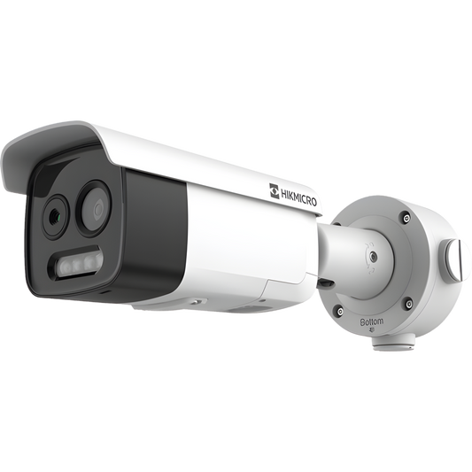 (HIKMICRO) Cámara Bala IP Bi-Espectral / Térmica (256 X 192 / 3.6 mm) + Óptica (5 MP / 4.3 mm) / IA GUANLAN / Rango: -20°C a 650°C / 2°C Tolerancia / Detección de Fuego y Humo / Alarma Visual y Audible / Dual Light