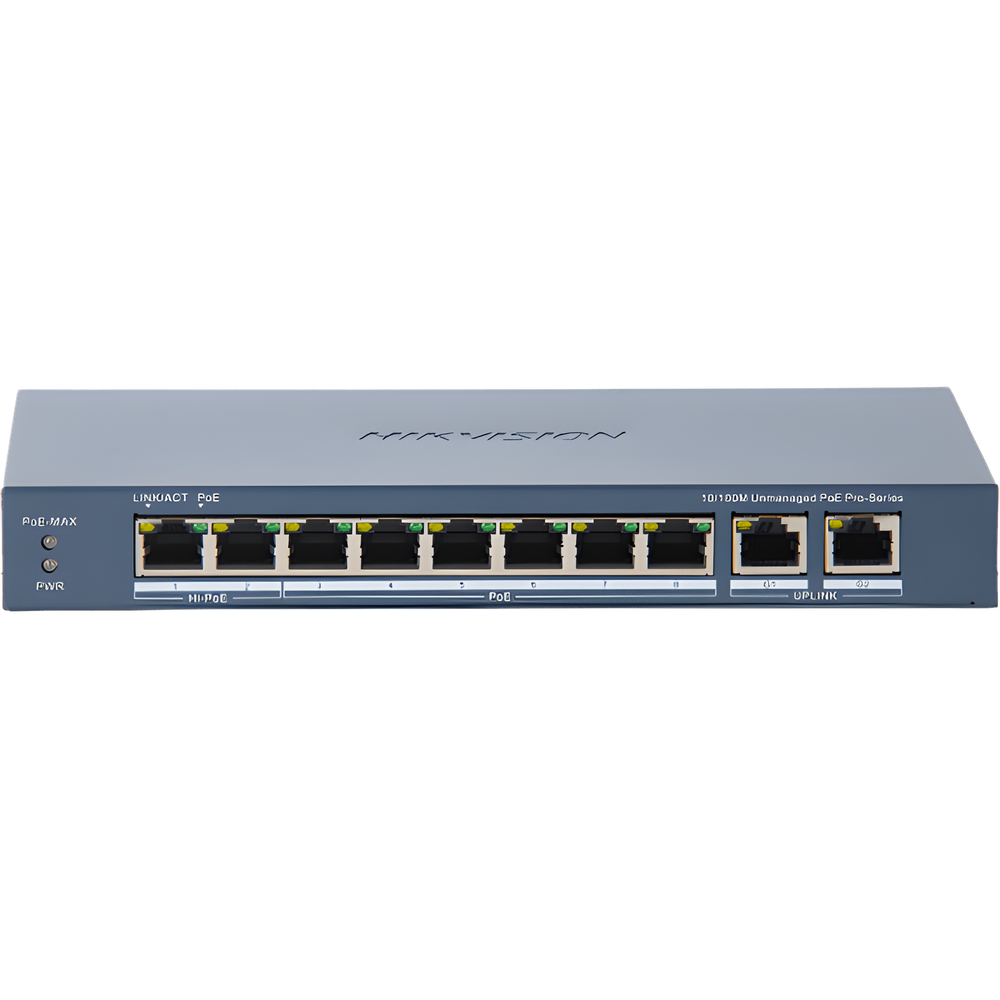 Switch PoE+ / No Administrable / 7 Puertos 10/100 Mbps 802.3 af/at (30 W) / 1 Puerto 10/100 Mbps Hi-PoE (90 W) / 2 Puertos 1000 Mbps Uplink / Modo Extendido hasta 300 Metros / 110 Watts