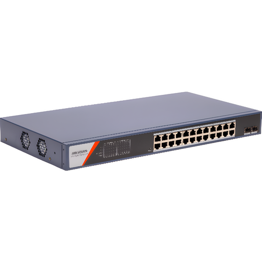 Switch Gigabit PoE+ / Administrable / 24 Puertos 1000 Mbps PoE+ / 2 Puertos SFP / Configuración Remota desde Hik-PartnerPro / PoE Extendido 250 Metros / 370 Watts