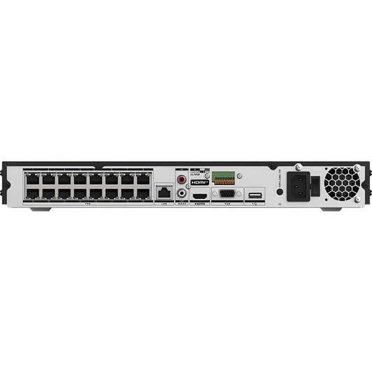 NVR 8 Megapixel (4K) (Compatible con Cámaras ACUSENSE) / 16 canales IP / 16 Puertos PoE+ / 2 Bahías de Disco Duro / Salida de Vídeo en 4K / 300 Metros PoE Modo Extendido