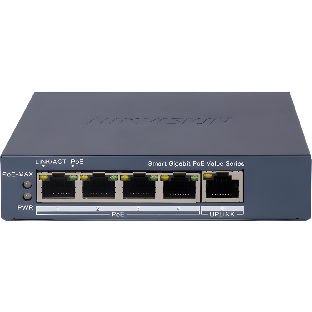 Switch Gigabit PoE+ / Monitoreable / 4 Puertos 1000 Mbps PoE+ / 1 Puerto 1000 Mbps Uplink / Configuración Nube Hik-PartnerPro / Modo Extendido hasta 300 Metros / 45 Watts