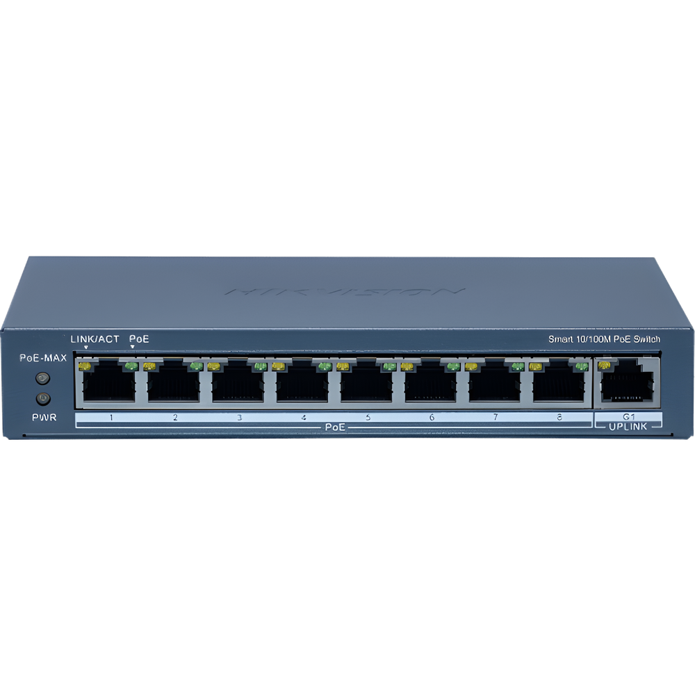 Switch Administrable PoE+ / 8 puertos 100 Mbps PoE+ / 1 puerto 1000 Mbps de Uplink / PoE hasta 300 Metros / Conexión Remota desde Hik-ParnerPro / 110 W