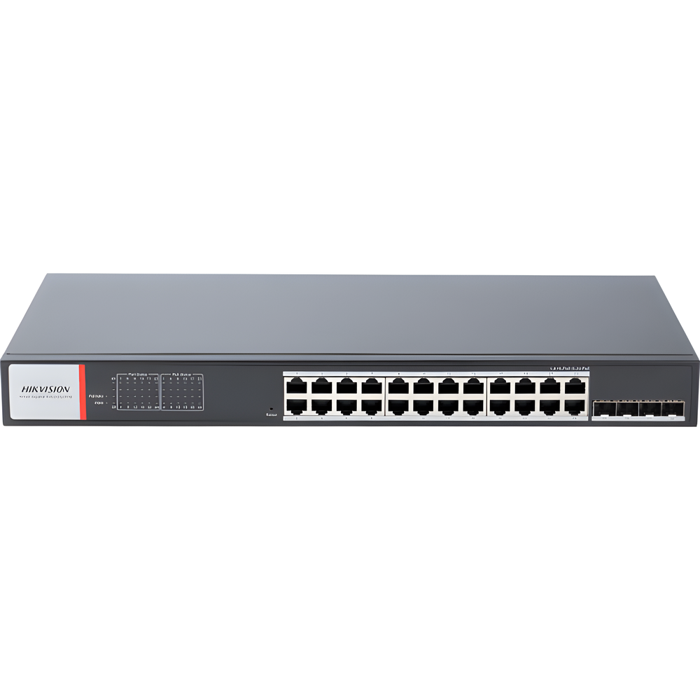 Switch Gigabit PoE+ / Industrial / Administrable / 24 Puertos 1000 Mbps PoE+ / 4 Puertos SFP / Configuración Nube Hik-PartnerPro / Modo Extendido hasta 300 Metros / 370 W