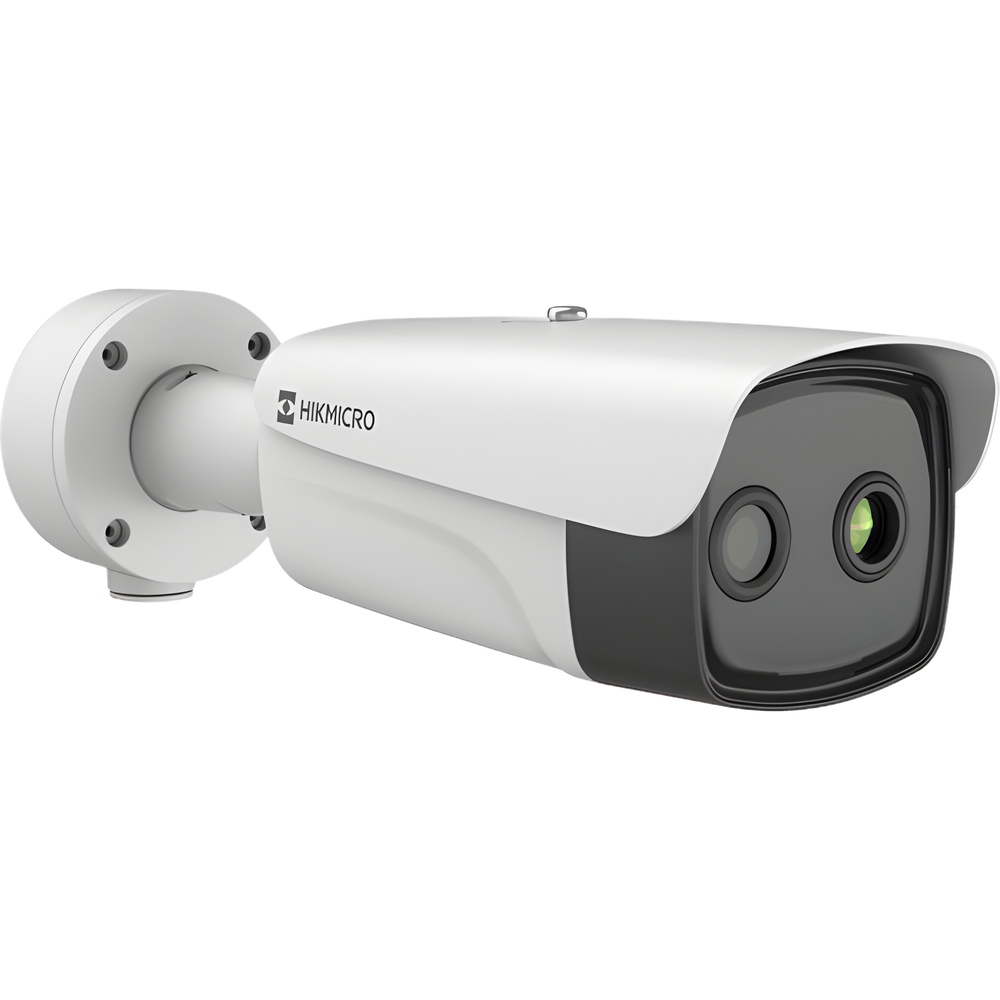 (HIKMICRO) Bala IP Bi-espectral / Térmica (384 X 288 / 9.7 mm) + Óptica (4 MP / 6.4 mm) / IA GUANLAN / Rango: -20°C a 650°C / 2°C Margen / Detección de Fuego y Humo / Alarma Visual y Audible / Dual Light / PoE / IP67 / Ant