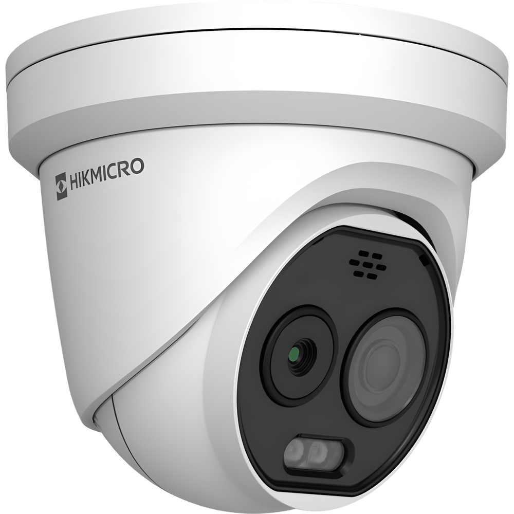 (HIKMICRO) Turret IP Bi-espectral (Térmica + Óptica) / Lente Térmico 2.1 mm (256 X 192) / Lente Óptico 2.2 mm (5 Megapixel) / Detección de Temperatura (-20°C a 650°C) / IA con GUANLAN / Dual Light (30 mts IR + 30