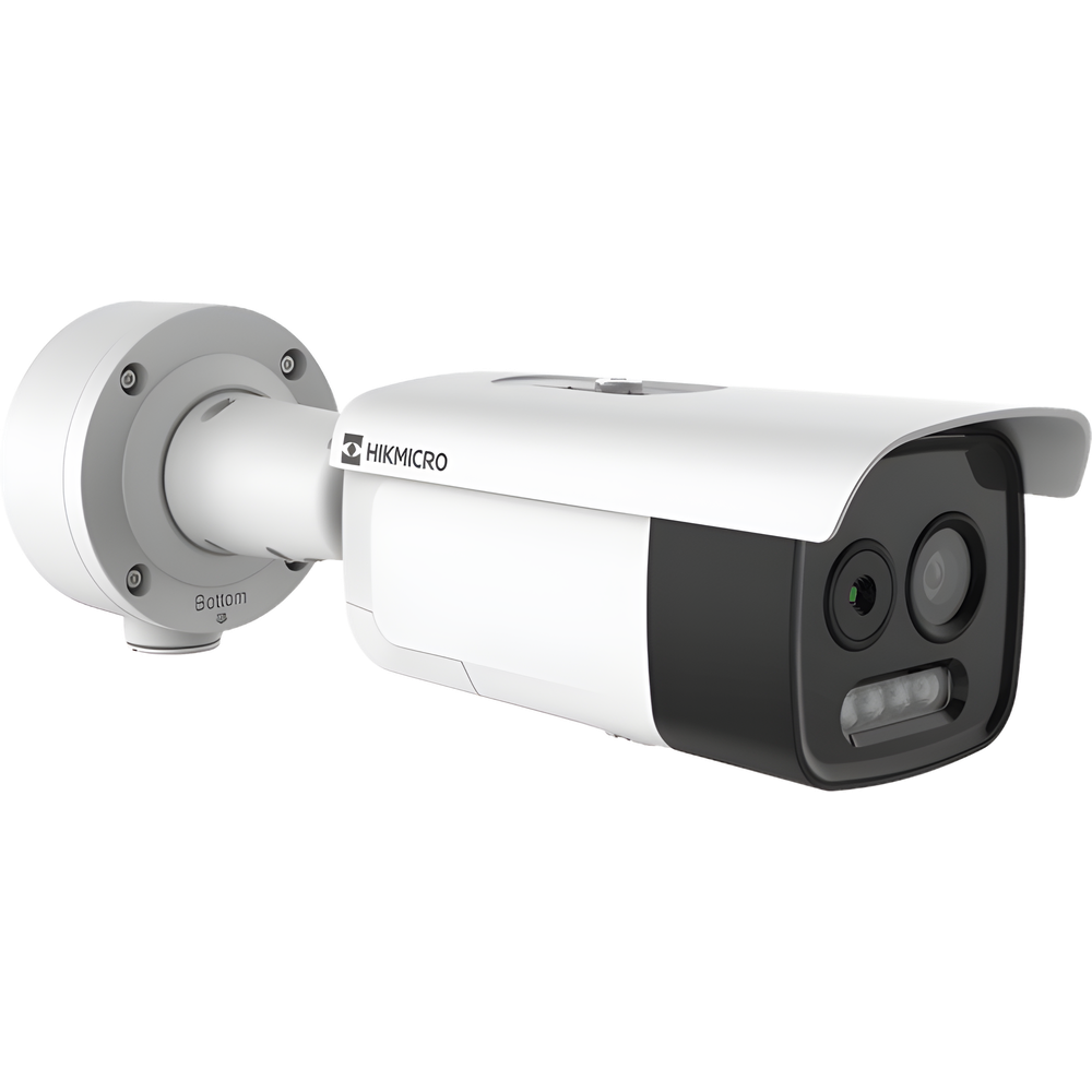 (HIKMICRO) Bala IP Bi-Espectral / Térmica (160 X 120 / 9.7 mm) + Óptica (5 MP / 12.4 mm) / GUANLAN AI / Detección Térmica de Incendios y Humos / Medición de Temperatura -20° a 150°C / ± 8°C Margen / VC
