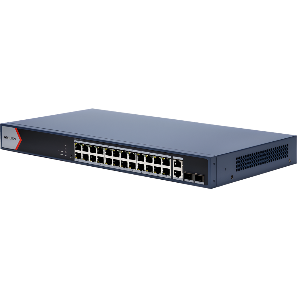 Switch Gigabit PoE+ / Administrable / 24 Puertos 1000 Mbps PoE+ / 2 Puertos 1000 Mbps Uplink / 2 Puertos SFP Uplink / Configuración Nube Hik-Partner Pro / Modo Extendido hasta 300 Metros / 230 W