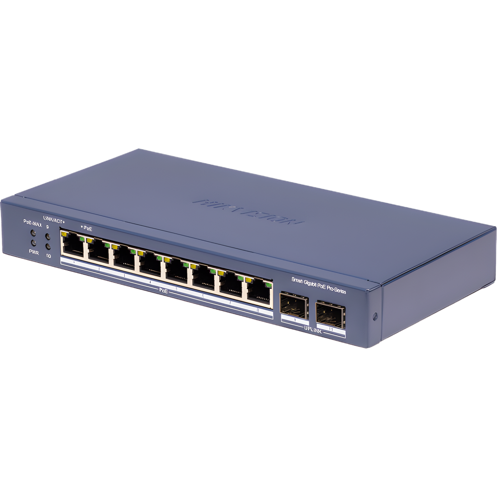 Switch PoE+ / Administrable / 8 Puertos 1000 Mbps PoE+/ 2 Puertos SFP / Configuración Nube desde Hik-PartnerPro / Modo Extendido hasta 300 Metros / 110 W