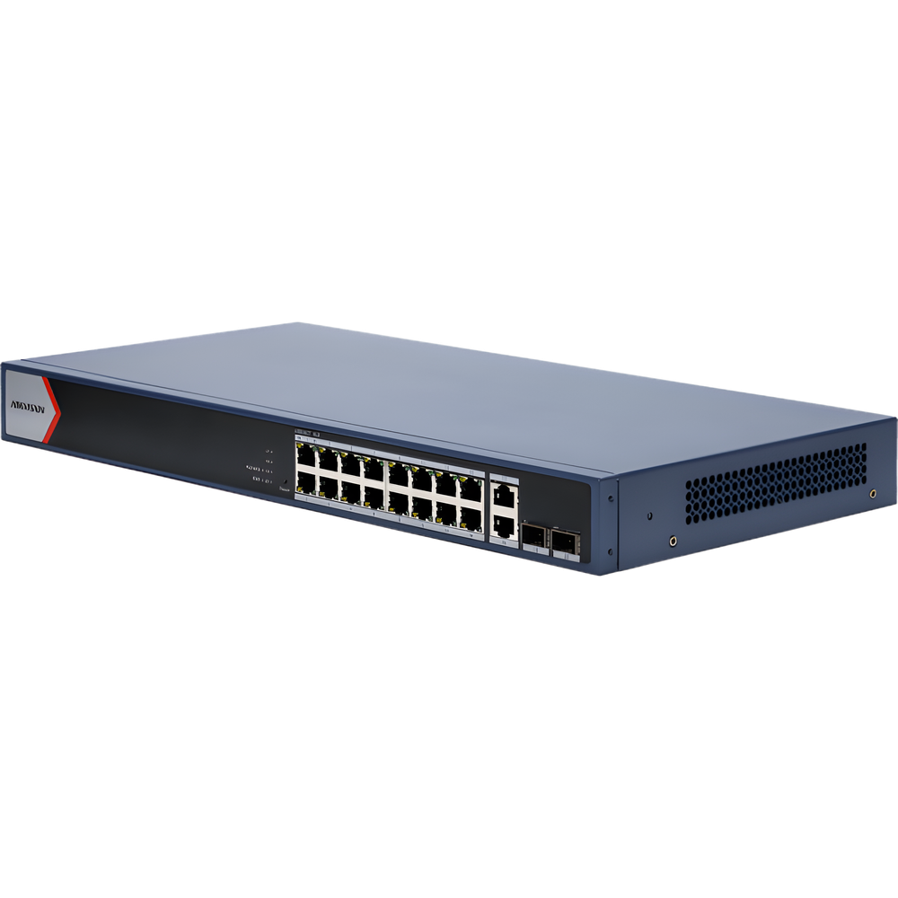 Switch Gigabit PoE+ / Monitoreable / 16 Puertos 1000 Mbps PoE+ / 2 Puerto 1000 Mbps de Uplink / 2 Puerto SFP / Configuración Nube desde Hik-PartnerPro / Modo Extendido hasta 300 Metros / 125 Watts