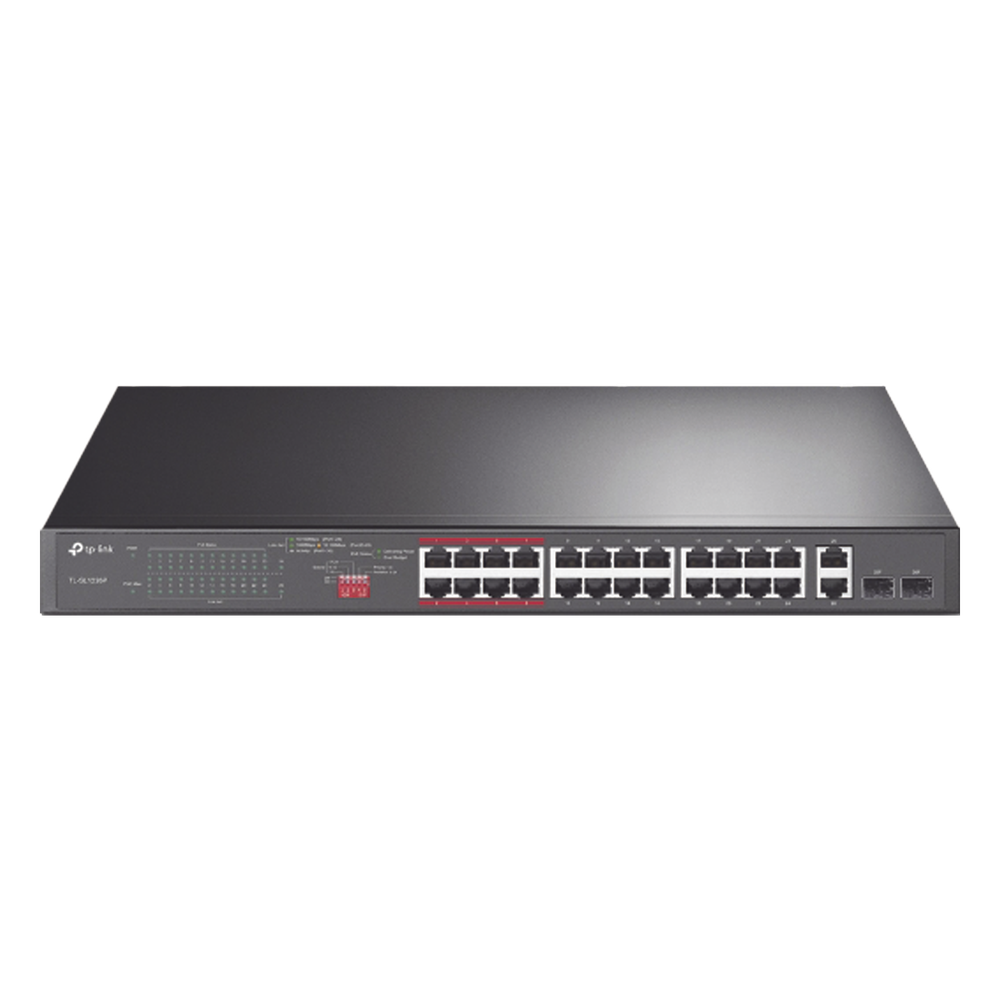 Switch No Administrable 24 Puertos PoE+ 10/100 Mbps / 2 Puertos 10/100/1000 Mbps + 2 Puertos SFP (combo) / Modo Prioridad de Tráfico / Modo Aislamiento de Red / Presupuesto PoE de 250 W / Diseño para Ideal para Vigilancia IP