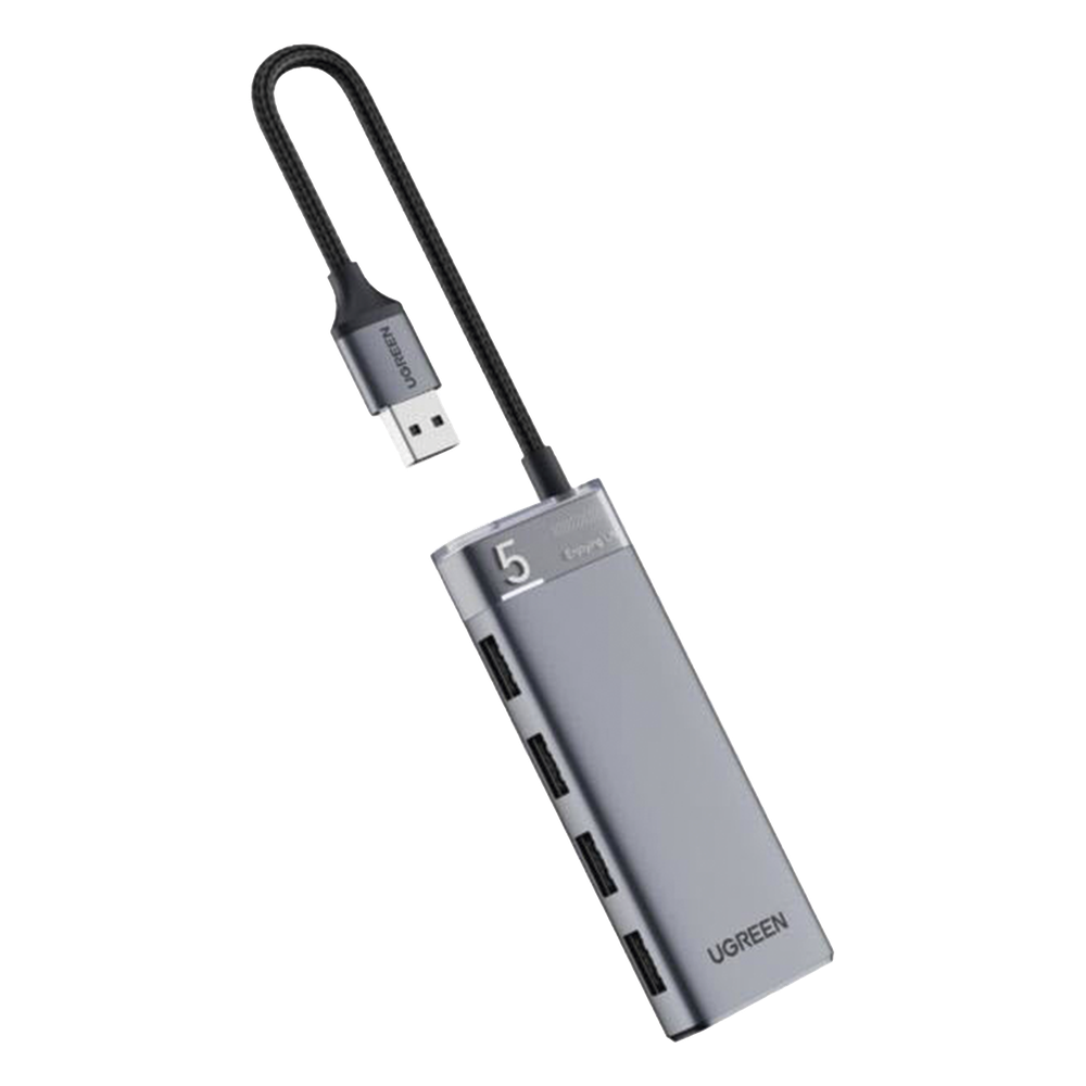 HUB USB-A 3.2 Gen1 4 EN 1 | 4 Puertos USB-A (5Gbps) | Carcasa ABS + PC | Soporta OTG | Luz Indicadora LED | Cable de Nylon Trenzado de 20cm (Mas de 20000 flexiones) | Interfaz Niquelada | Color Gris Metalizado.