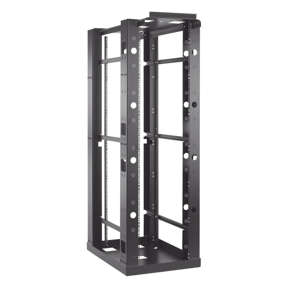 Rack Abierto Sísmico de 4 Postes Estándar de 19 in / 45U / 2.19 m (7.2 ft) de Altura / Capacidad 2,500 lb (1,134 kg) / Acero 3.4 mm / Certificación NEBS Zona 4 y OSHPD / Negro RAL 9005