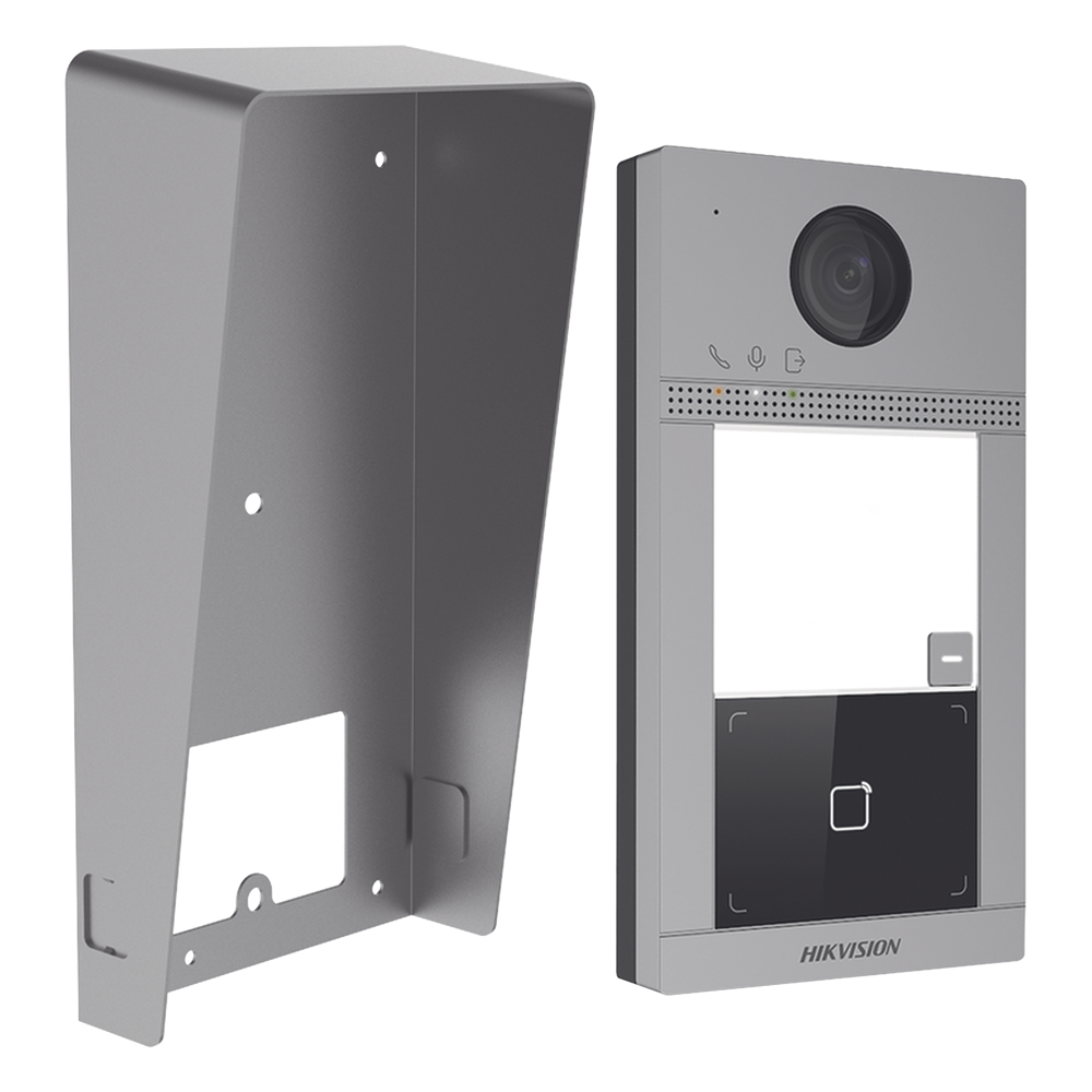 Kit Videoportero + Carcasa protectora IP 2 Megapixel / Llamada y Apertura Remota desde App Hik-Connect / PoE / Exterior IP65 + Antivandalico IK08 / 1 Departamento / Apertura con Tarjeta / Soporta 2 Puertas y hasta 6 Monitores