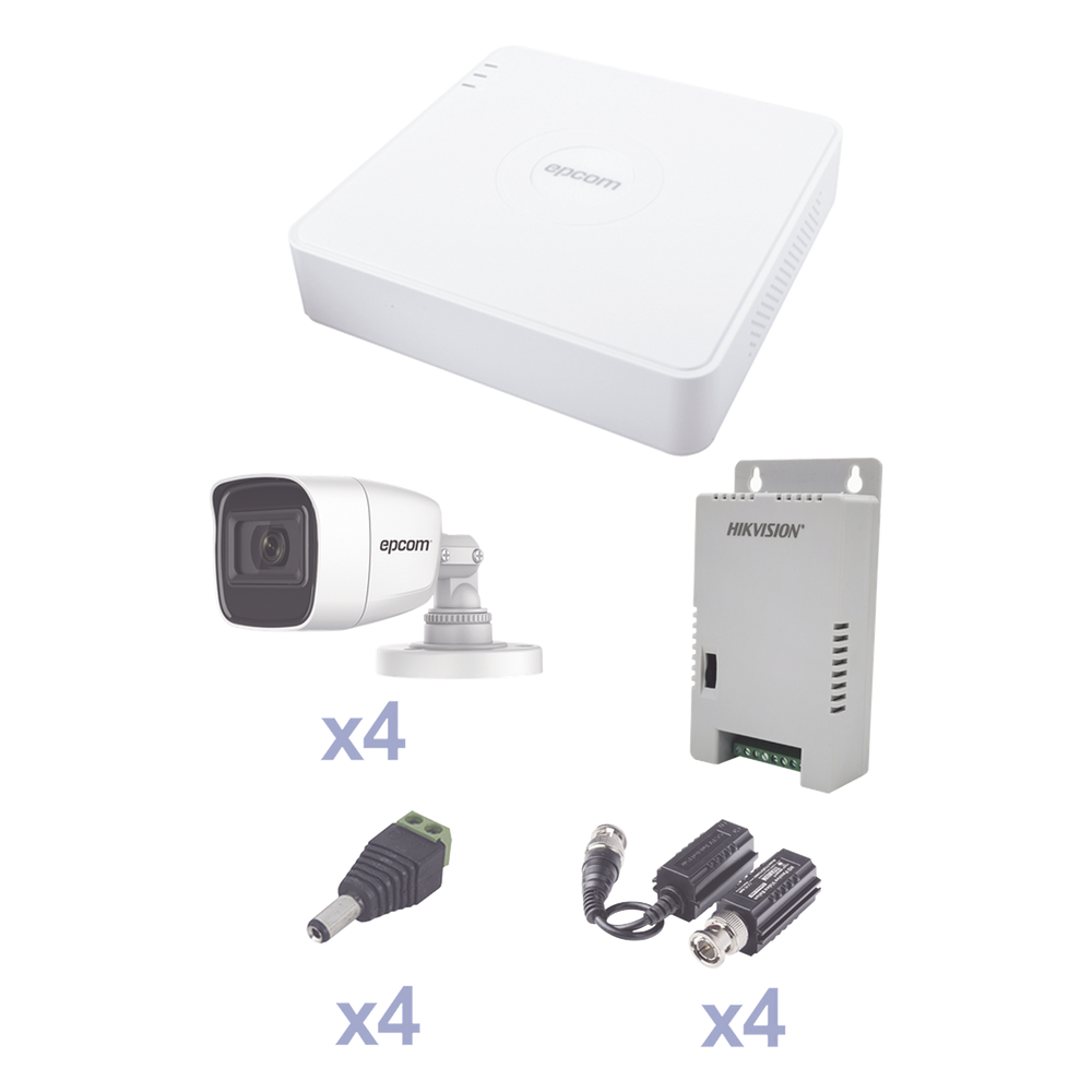 KIT TurboHD con Audio 1080p / DVR 4 Canales / 4 Cámaras Bala (exterior 2.8 mm) / Transceptores / Conectores / Fuente de Poder / AUDIO POR COAXITRON