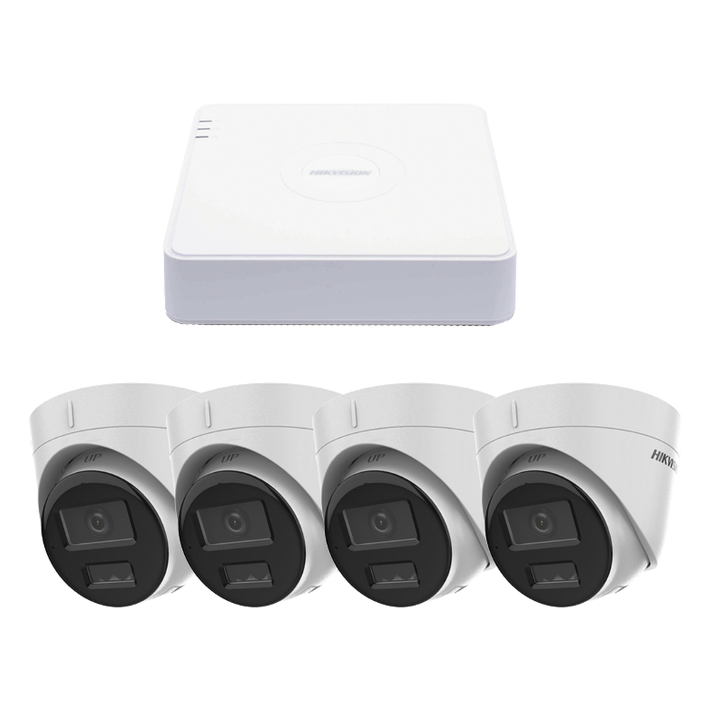Kit IP 1080p (2 Megapixel) / NVR de 4 Canales con 4 Puertos PoE / 4 Cámaras IP Turret con Micrófono Integrado / ColorVu y ACUSENSE Lite