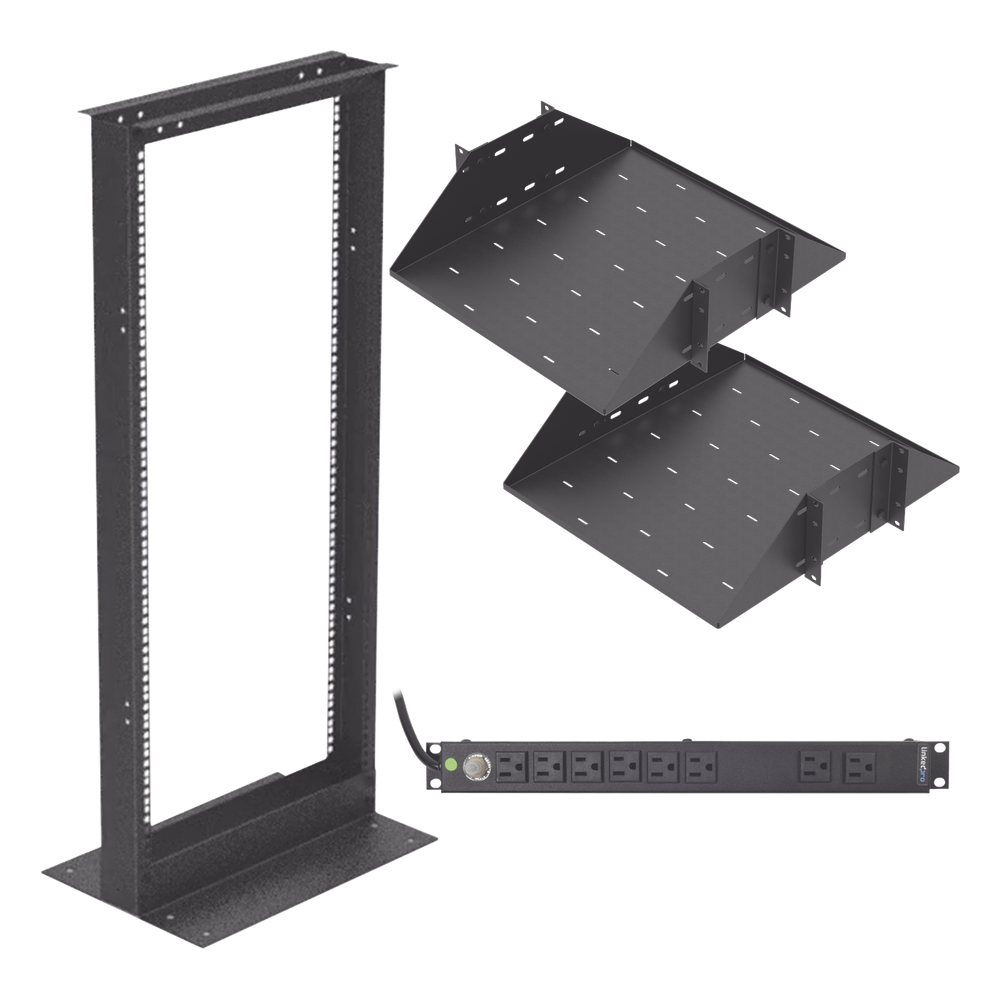 Kit de Rack Estándar 19", 24 UR con 2 Charolas y PDU (8 tomas). Ideal para UPS y Servidores tipo Torre.