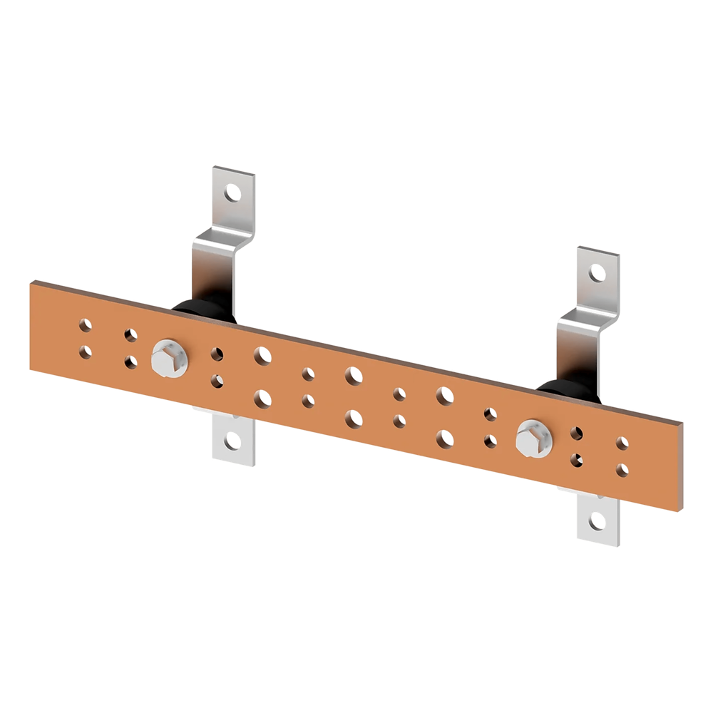 Barra de Tierra para Telecomunicaciones De Cobre Electrochapado / 0.25 x 2.00 x 16.00 pulgadas / 12 Puntos de Conexión / Incluye Soportes y Conectores / Anticorrosivo
