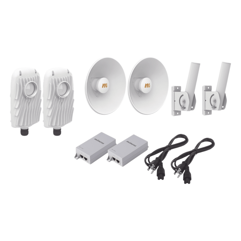 Kit de 2 radios B5X con kit de antenas (20dBi), rango de frecuencia extendida (4.9 a 6.4 GHz), incluye inyector POE, cable de alimentación y 2 FLEXIMOUNT-XL para alineación, distancia de hasta 8 km