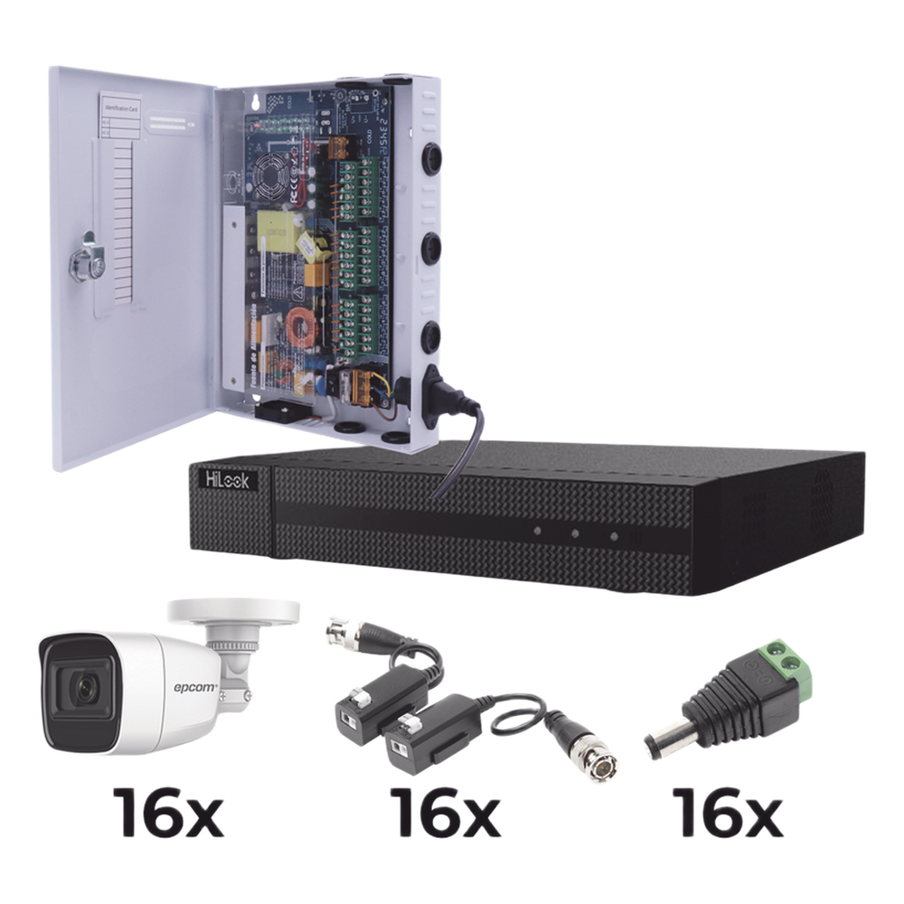 KIT TurboHD 1080p / DVR 16 Canales / 16 Cámaras Bala Policarbonato con Microfono (exterior 2.8 mm) / Transceptores / Conectores / Fuente de Poder Profesional