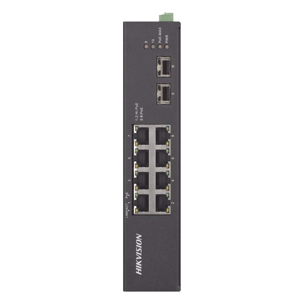 Switch Industrial No Administrable Gigabit / 6 Puertos Gigabit PoE+ (30 W) + 2 Puertos Gigabit PoE++ (60 W) / 2 Puertos SFP / 120 W Total / 48 a 57 VCD / Ideal para Proyectos / 300 Metros de Distancia