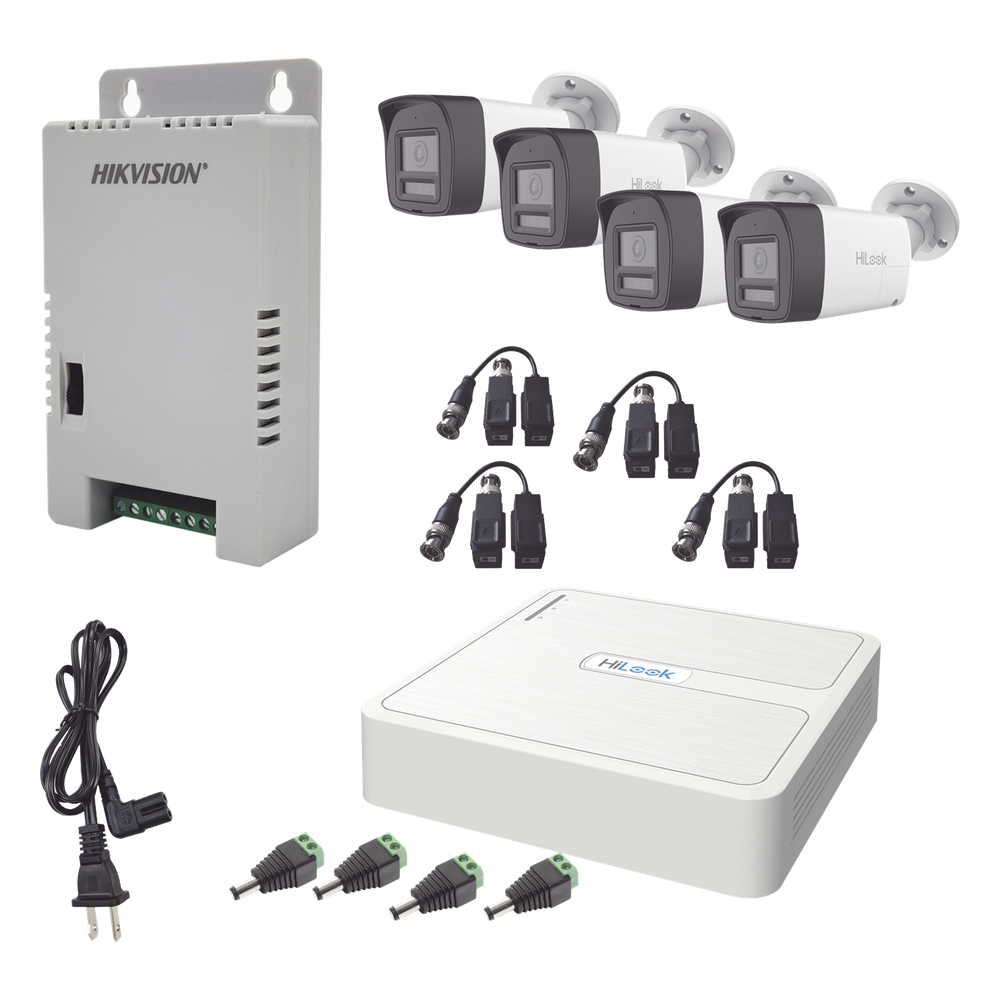 Kit HiLook Audio Bidireccional TurboHD 1080p / DVR Metalico 4 Canales / 4 Cámaras Bala (Exterior) con Bocina y Micrófono Integrado / 1 Fuente de Poder / Accesorios