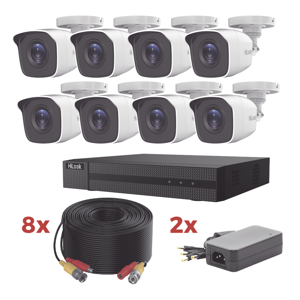 Kit TurboHD / DVR 8 Canales 1080p Lite / 8 Cámaras bala 1080p metalicas / 8 cables de 20 metros / 2 fuentes de 4 canales