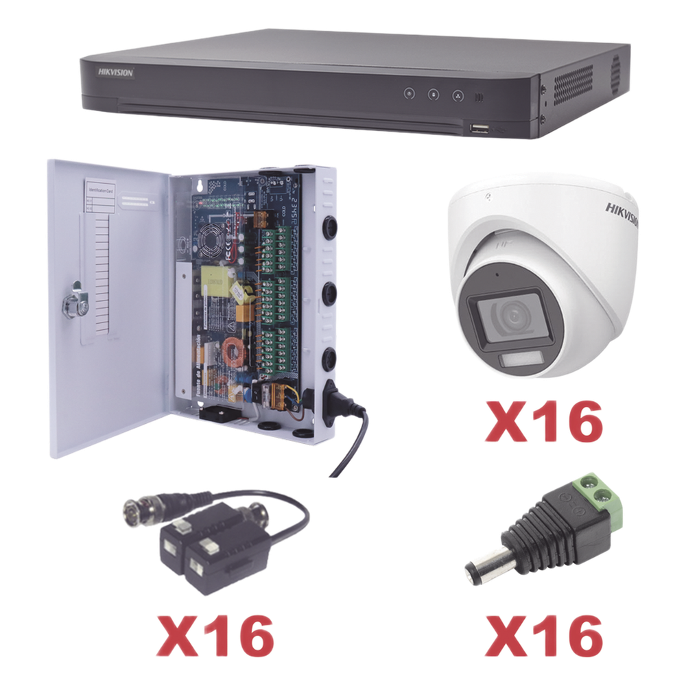KIT TurboHD 1080p / DVR 16 Canales / 16 Cámaras Turret con Audio Integrado (Exterior 2.8 mm) / Transceptores / Conectores / Fuente de Poder Profesional