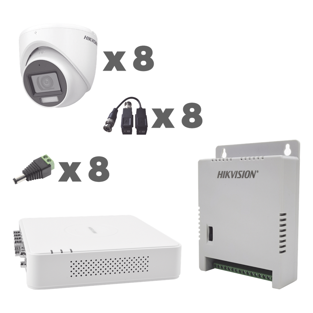 KIT TurboHD 1080p / DVR 8 Canales con audio por coaxitron / 8 Cámaras con Micrófono Integrado 101° Visión/ luz blanca + IR visión nocturna / Transceptores / Conectores / Fuente de Poder Profesional