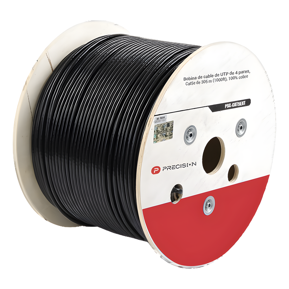 Bobina de Cable de UTP de 4 Pares Cat5e de 305 Metros (1000 Pies), 100% Cobre, LDPE Resistente a Rayos UV Relleno de Gel, Color Negro, 24 AWG, Uso en Exterior, Para Aplicaciones de Voz, Datos y Video