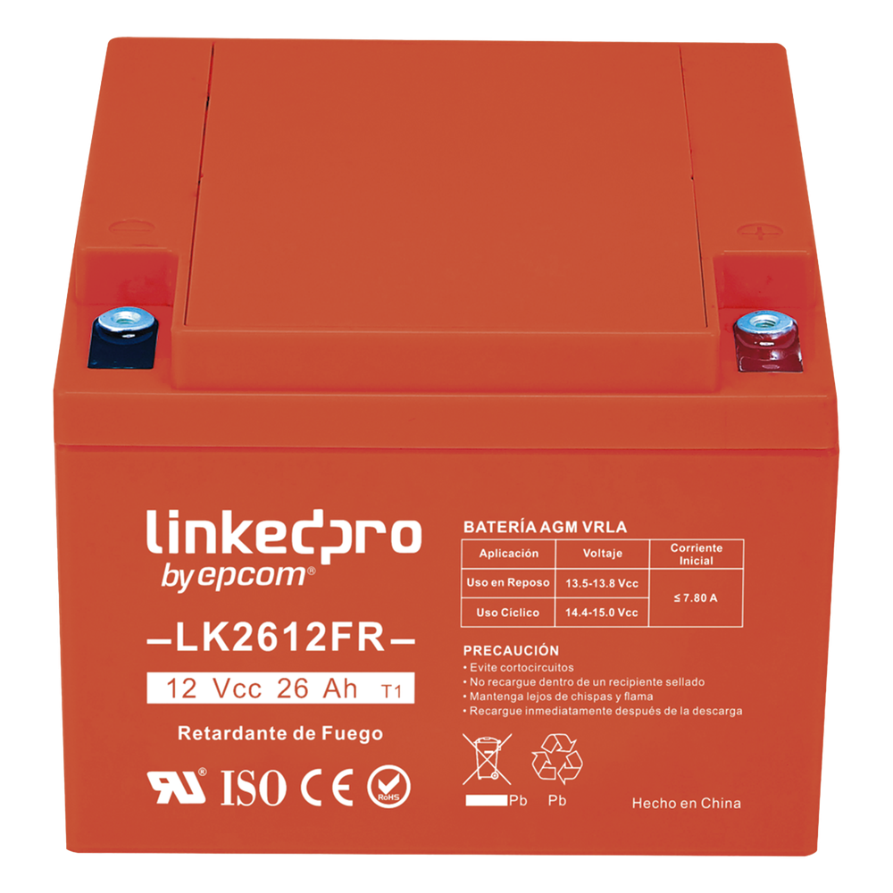 Batería de respaldo 12 V| 26 Ah | AGM | Certificada UL94-V0 Retardante a la Flama | Especial para Seguridad Electrónica | UPS | Sistemas de Emergencia | Vida útil 5 años | Terminales T1