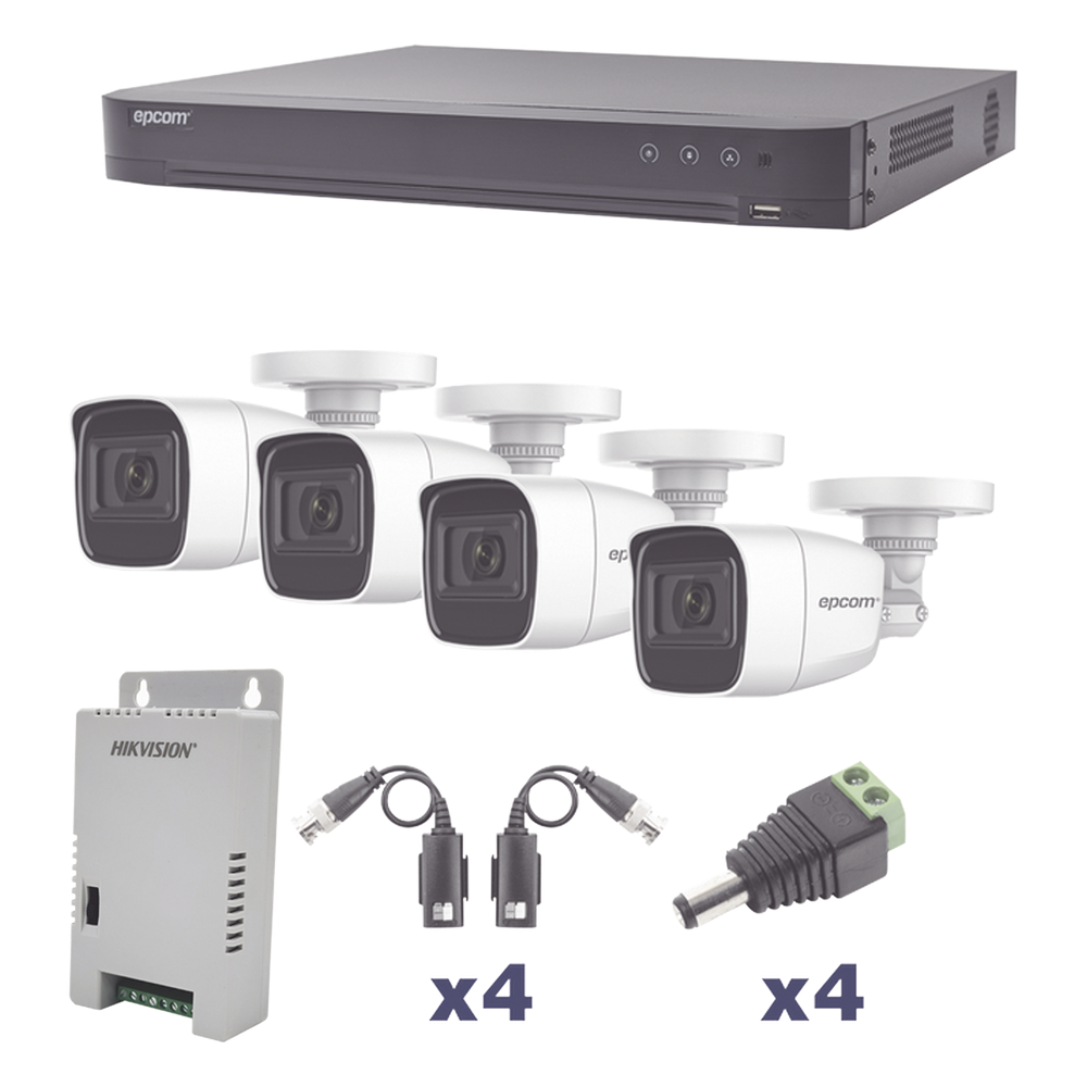 KIT TurboHD 1080p / DVR 4 Canales / 4 Cámaras Bala Policarbonato con Audio Integrado (exterior 2.8 mm) / Transceptores / Conectores / Fuente de Poder Profesional