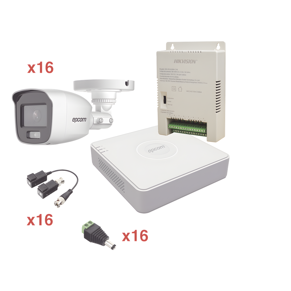 Kit TurboHD 1080p Lite / DVR 16 Canales / 16 Cámaras Bala Exterior ( 2.8mm) con ColorVu + Micrófono Integado / Transceptores / Conectores / Fuente de Poder Profesional